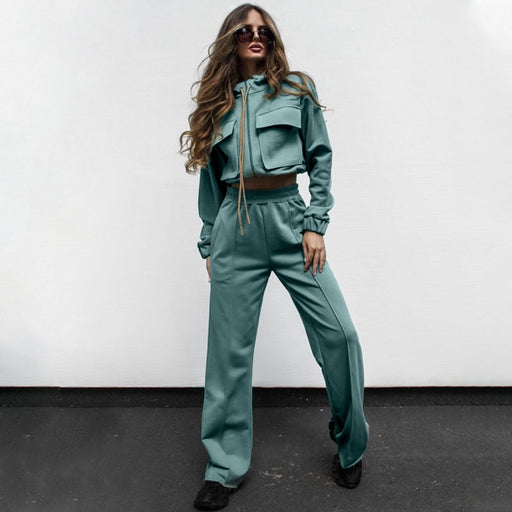 Color-Gray-Green-Autumn Winter Solid Color Zipper Double Bag Drawstring Long Sleeve Top Casual Trousers Suit Women-Fancey Boutique
