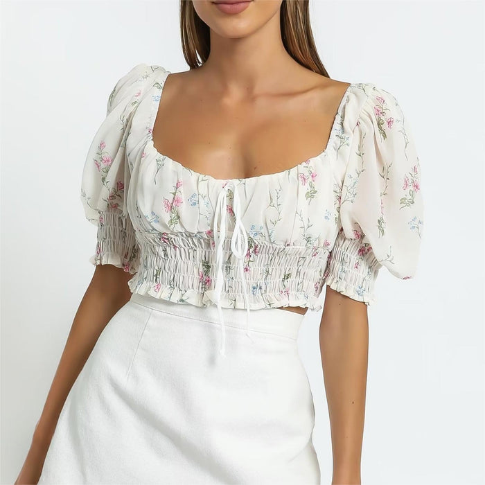 Color-Spring Puff Sleeve Gentle Lace Up Square Collar Short Floral Print Small Top-Fancey Boutique