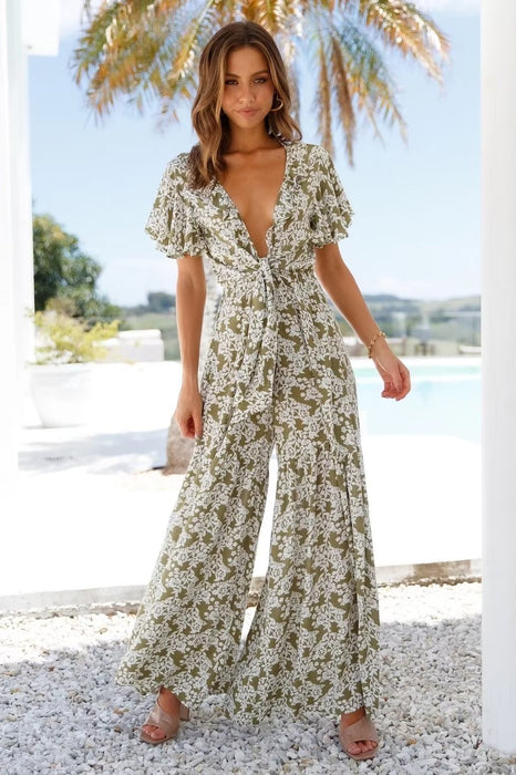 Color-Spring Summer Two Color Chest Lace Up Printed Jumpsuit V Neck Cropped Outfit Wide Leg Trousers-Fancey Boutique