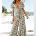 Color-Spring Summer Two Color Chest Lace Up Printed Jumpsuit V Neck Cropped Outfit Wide Leg Trousers-Fancey Boutique