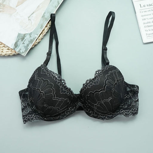Color-Black-Lace Women Gathering Bra Fashionable Comfortable Three Row Bra With Steel Ring Underwear Big Chest Show Small Thin-Fancey Boutique
