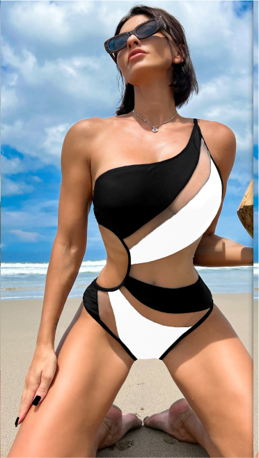 Color-Bikinx Contrast Mesh One Shoulder One Piece Swimsuit-Fancey Boutique