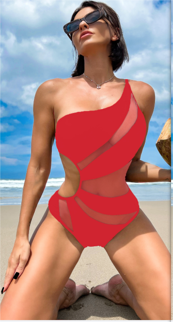 Color-Bikinx Contrast Mesh One Shoulder One Piece Swimsuit-Fancey Boutique