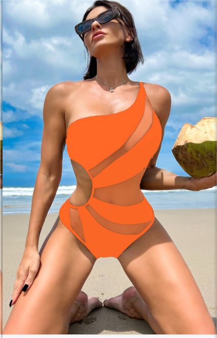 Color-Bikinx Contrast Mesh One Shoulder One Piece Swimsuit-Fancey Boutique