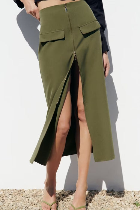 Color-Summer Wind Women Army Green Zipper Tooling Skirt-Fancey Boutique