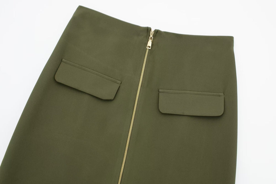 Color-Summer Wind Women Army Green Zipper Tooling Skirt-Fancey Boutique