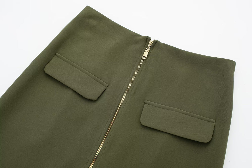 Color-Summer Wind Women Army Green Zipper Tooling Skirt-Fancey Boutique