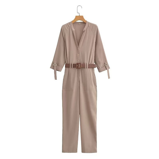 Color-Spring Autumn Women Clothing Double Breasted Multi Pocket with Belt Solid Color Jumpsuit-Fancey Boutique