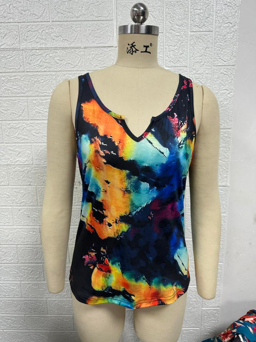 Color-Women's Clothing Summer Random Printing Painted V neck Open Vest Top Women-Fancey Boutique