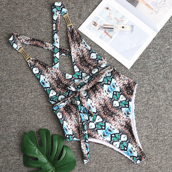Color-Snake-One-Piece-Swimsuit Snake Pattern Printed Sexy Halter Bikini Metal Accessories Swimwear-Fancey Boutique