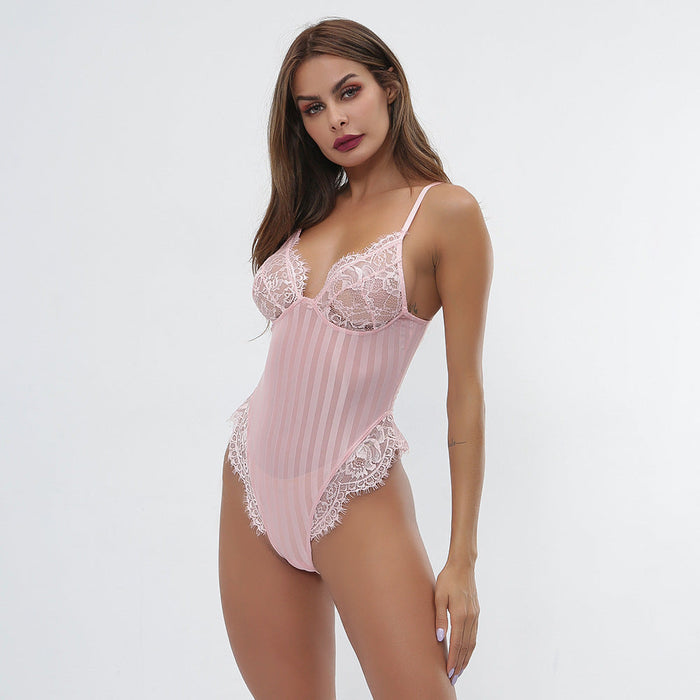 Color-Women Sexy Lace Stitching Striped See-through Bodysuits Lingerie-Fancey Boutique