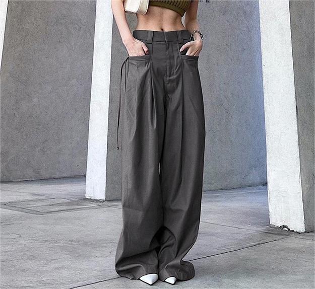 Color-Distressed Gray Woven Straight Leg Pants Women Sexy High Waist Loose Slim Fit Draping Ribbon Trousers-Fancey Boutique