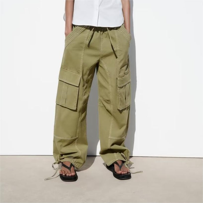 Color-Summer Women Multi Pocket High Waist Wide Leg Pants Drawstring Decoration Workwear Casual Pants-Fancey Boutique