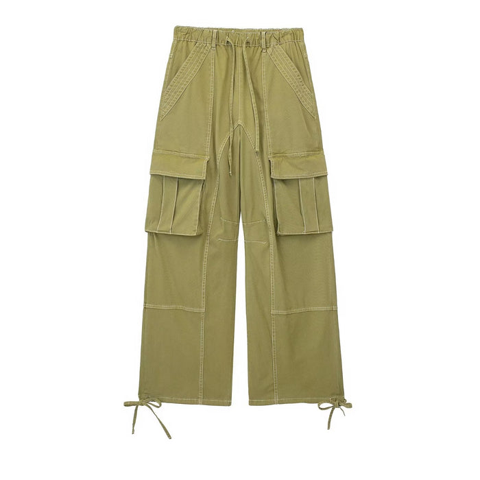 Color-Army Green-Summer Women Multi Pocket High Waist Wide Leg Pants Drawstring Decoration Workwear Casual Pants-Fancey Boutique