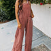 Color-Dark Pink-Ladies Spring Summer Jumpsuit Cotton Wrinkle Loose Casual Double Patch Pocket Wide Leg Suspender Pants-Fancey Boutique