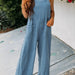 Color-Blue-Ladies Spring Summer Jumpsuit Cotton Wrinkle Loose Casual Double Patch Pocket Wide Leg Suspender Pants-Fancey Boutique