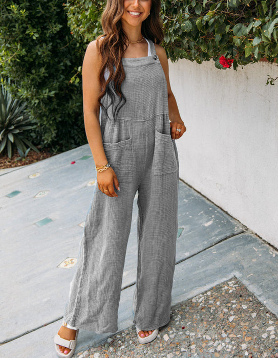 Color-Ladies Spring Summer Jumpsuit Cotton Wrinkle Loose Casual Double Patch Pocket Wide Leg Suspender Pants-Fancey Boutique