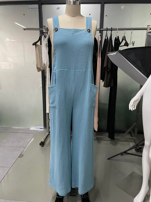 Color-Ladies Spring Summer Jumpsuit Cotton Wrinkle Loose Casual Double Patch Pocket Wide Leg Suspender Pants-Fancey Boutique