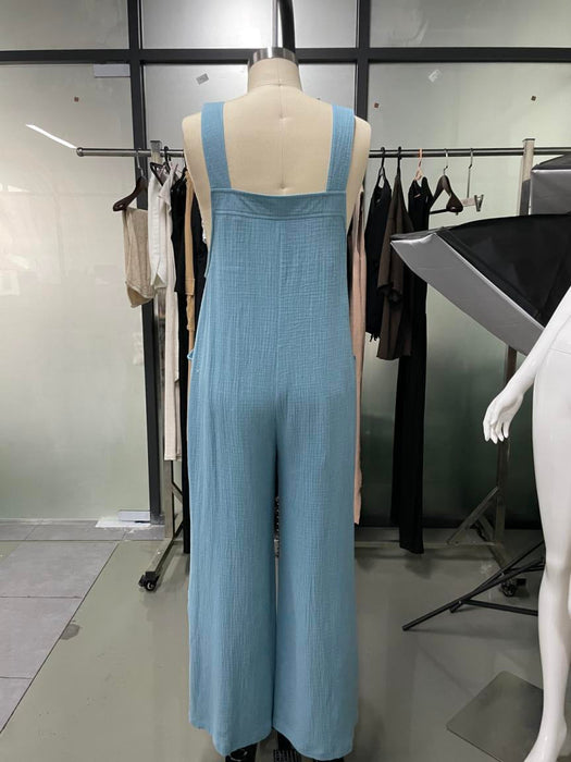 Color-Ladies Spring Summer Jumpsuit Cotton Wrinkle Loose Casual Double Patch Pocket Wide Leg Suspender Pants-Fancey Boutique