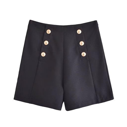 Color-Black-Spring Women Clothing Decorated Row Button High Waist Casual Shorts-Fancey Boutique