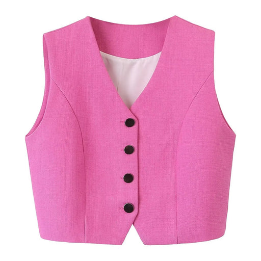 Color-Pink-Autumn Women Clothing Solid Color V Neck Vest Vest-Fancey Boutique