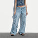Color-Loose Strap Accessories Mid Waist Cargo Jeans Trousers-Fancey Boutique