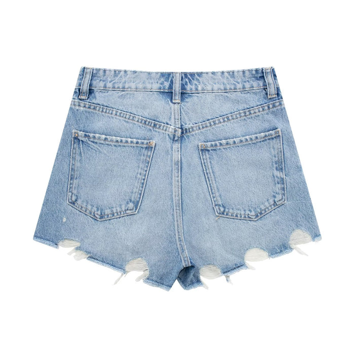 Color-Summer Women Perforated Hole Decoration Burr Straight Cotton High Waist Denim Shorts-Fancey Boutique