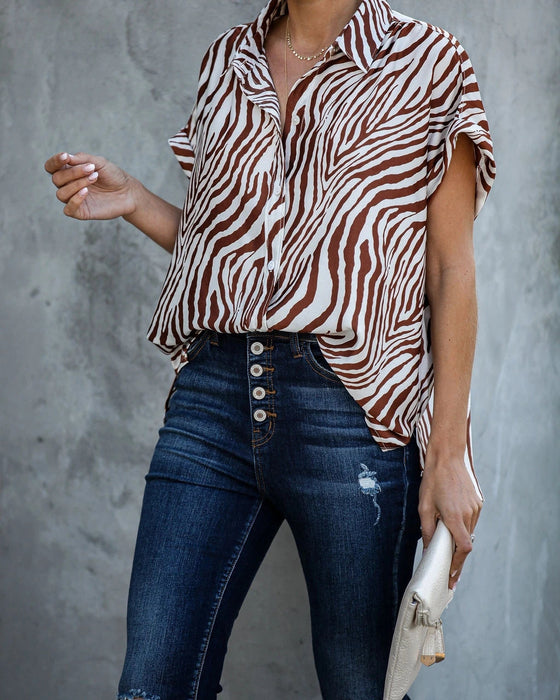 Color-Women Summer Short Sleeved Loose Zebra Print Shirt-Fancey Boutique