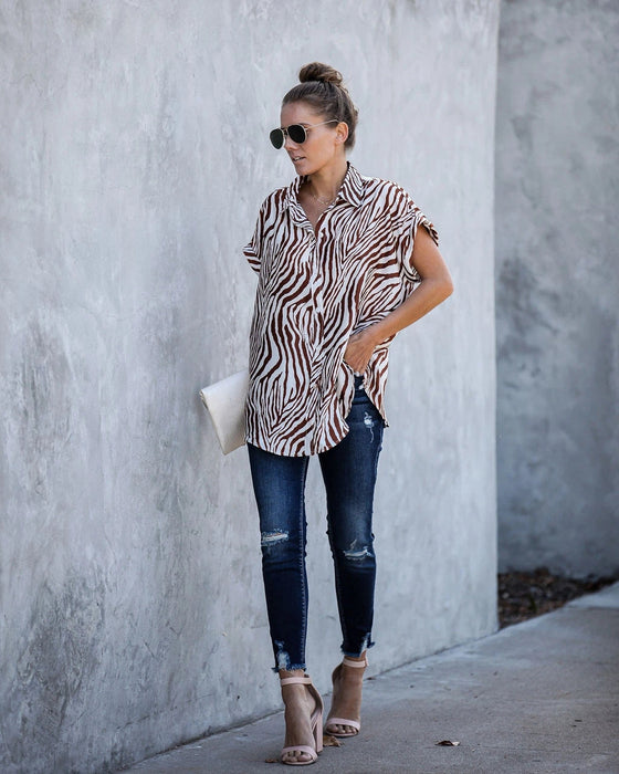 Color-Women Summer Short Sleeved Loose Zebra Print Shirt-Fancey Boutique