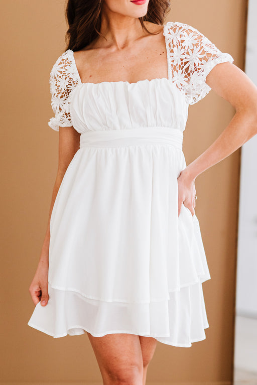 Color-White Square Neck Lace Contrast Ruffles Bow Back A Line Mini Dress-Fancey Boutique