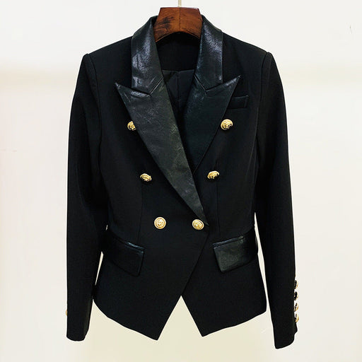 Color-Black-Double Breasted Slim Leather Stitching Collar Blazer-Fancey Boutique