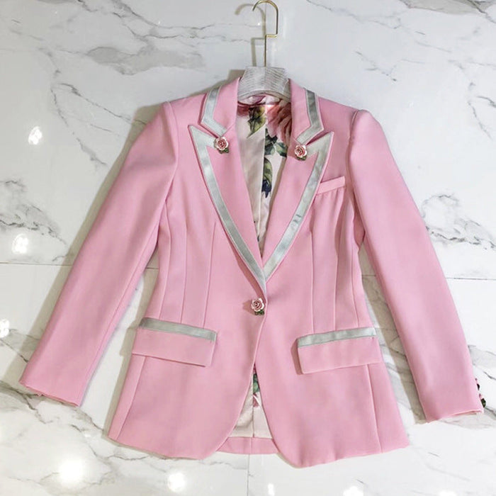 Color-Pink-Three Dimensional Rose Buckle Printing Lining Pink Slim Fit Blazer-Fancey Boutique