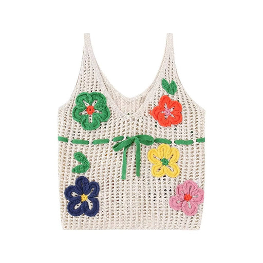 Color-White-Spring Fresh Sweet Tridimensional Floral Vest Slim Top Crochet Round Neck Women Clothing-Fancey Boutique