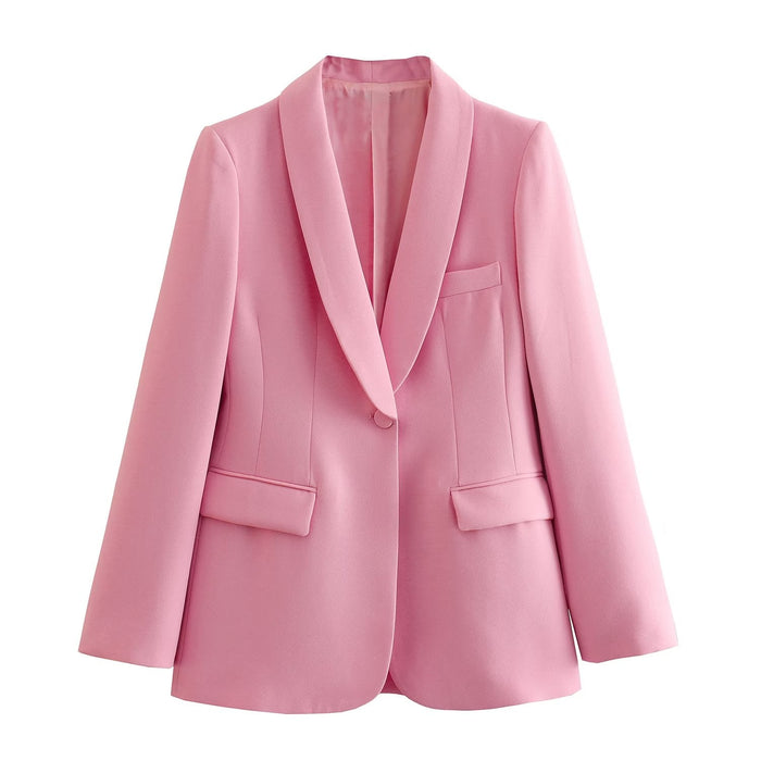 Color-Pink-Collar Blazer Spring Summer Mid Length Patchwork Waist Slimming Long Sleeve Blazer Suit-Fancey Boutique