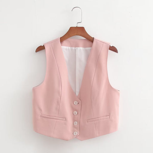 Color-Pink-Summer Deep V Plunge neck Decorated Row Button Vest Cardigan Women-Fancey Boutique