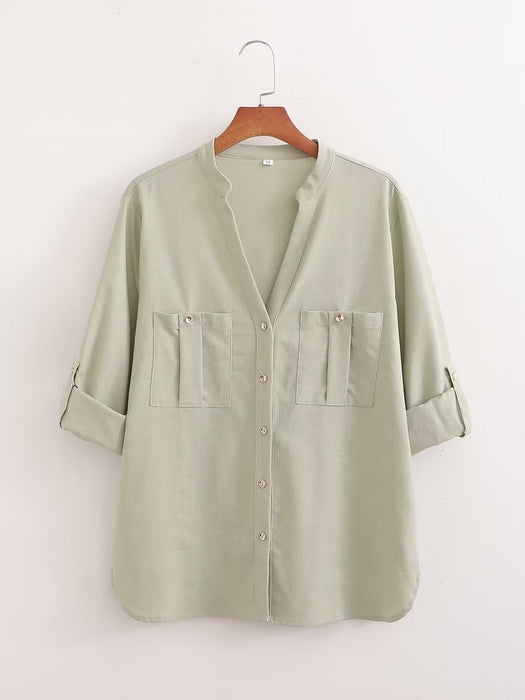 Color-Light Green-Spring Women Urban Casual Cotton Linen Pocket Long Sleeve Shirt-Fancey Boutique