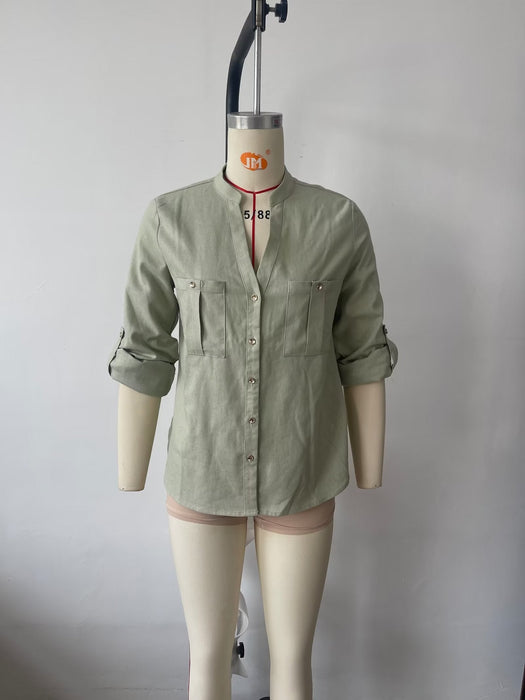 Color-Spring Women Urban Casual Cotton Linen Pocket Long Sleeve Shirt-Fancey Boutique