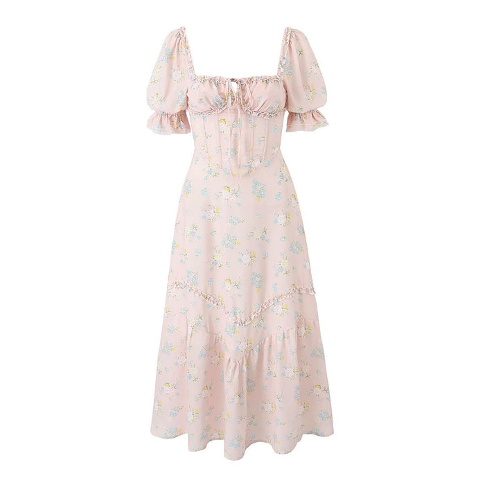 Color-Elegant Small Women Summer Fairy Dress Square Collar Puff Sleeve French First Love Sweet Chiffon Tea Break Floral Dress-Fancey Boutique