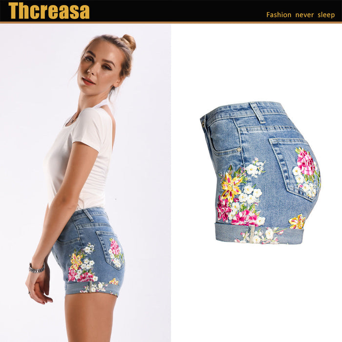 Color-Women Clothing Wide Leg Stretch Shorts Women Clothing 3D Exquisite Embroidered Floral Denim Shorts Women-Fancey Boutique