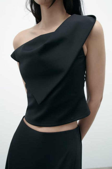 Color-Summer Irregular Asymmetric Short Top Black Oblique Shoulder Cropped Small Top Women-Fancey Boutique