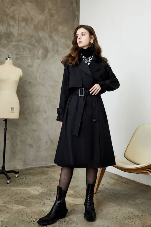 Color-Black-Element Khaki Trench Coat for Women Spring Autumn Retro Elegant British Overknee Long Coat-Fancey Boutique