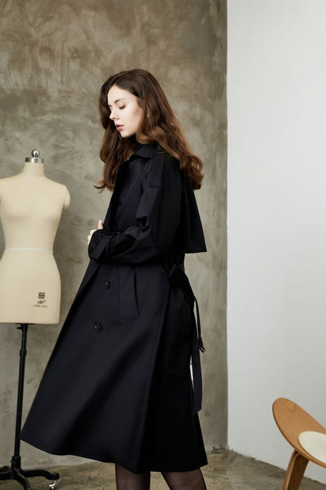 Color-Black-Element Khaki Trench Coat for Women Spring Autumn Retro Elegant British Overknee Long Coat-Fancey Boutique