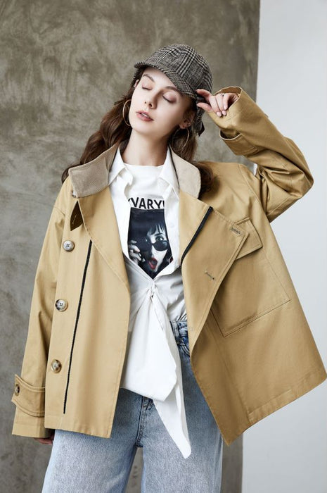 Color-Element Trench Coat for Women Spring Autumn Korean Profile Loose Cargo Small Coat-Fancey Boutique