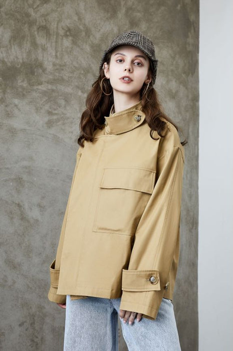 Color-Element Trench Coat for Women Spring Autumn Korean Profile Loose Cargo Small Coat-Fancey Boutique