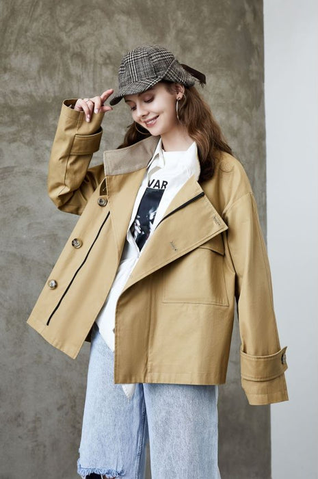 Color-Element Trench Coat for Women Spring Autumn Korean Profile Loose Cargo Small Coat-Fancey Boutique