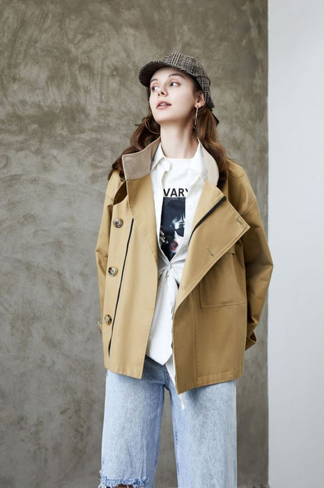 Color-Element Trench Coat for Women Spring Autumn Korean Profile Loose Cargo Small Coat-Fancey Boutique