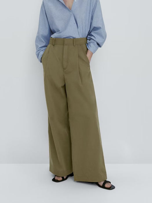 Color-Summer Blend Pleated Wide Mop Trousers Wide Leg Pants Women-Fancey Boutique