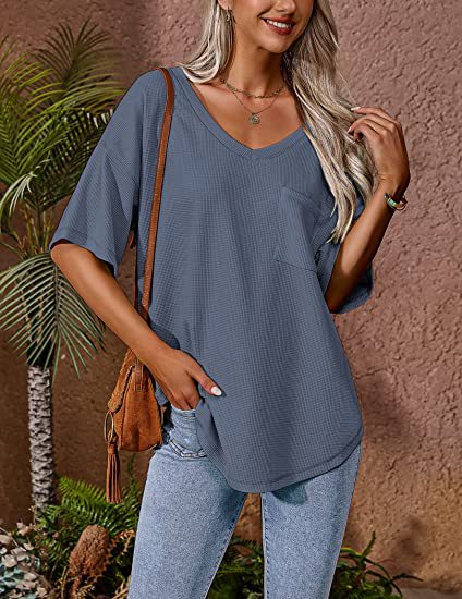 Color-Summer Women Clothing V neck Pocket Waffle Casual Short-Sleeved T shirt-Fancey Boutique