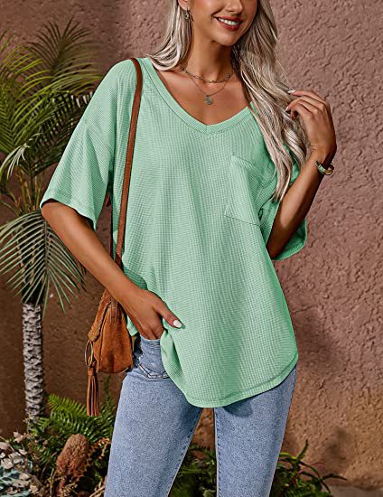 Color-Summer Women Clothing V neck Pocket Waffle Casual Short-Sleeved T shirt-Fancey Boutique