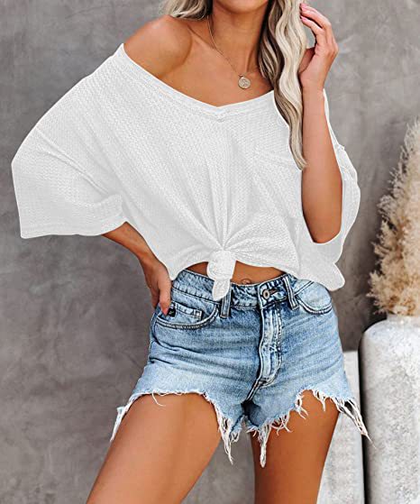 Color-Summer Women Clothing V neck Pocket Waffle Casual Short-Sleeved T shirt-Fancey Boutique